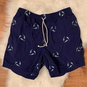 J. McLaughlin Men’s Medium Blue Sharks Swim Trunks Mesh Lining Preppy